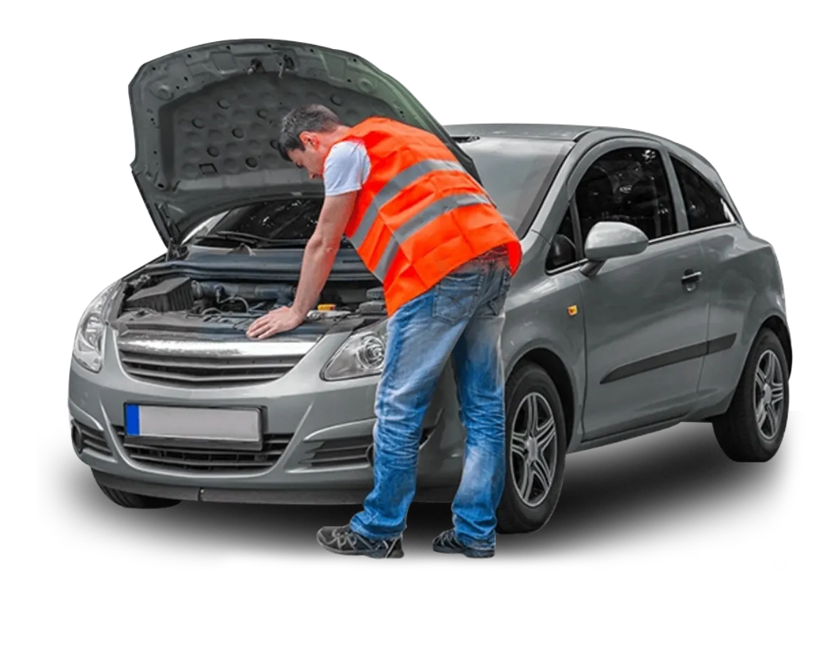 Car Accidental Repair - A Man In An Orange Vest Inspects A Car'S Engine Compartment For Issues.