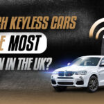 Infographic showing most stolen keyless cars in the UK with BMW SUV, key fob icon, and bold headline 'Which Keyless Cars Are Most Stolen in the UK?