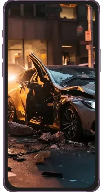 An Iphone Displays A Realistic Crash Scene With Scattered Debris From A Vehicle Collision.